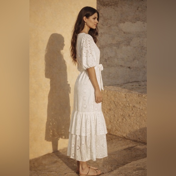 ZARA BELTED EMBROIDERED MIDI DRESS OYSTER WHITE SIZE S - Picture 4 of 15